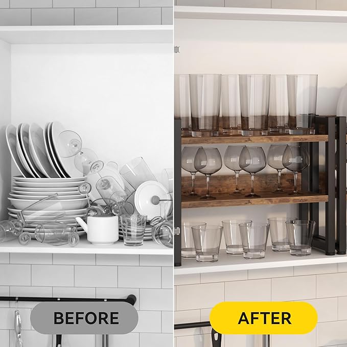 Kitchen Countertop Shelf Organizer, 3 Tier Large Kitchen Storage Spice Rack Cabinet Organizer with Metal Leg for Countertop Pantry, Coffee Bar Organizer, Bathroom Countertop Organizer, Rustic Brown