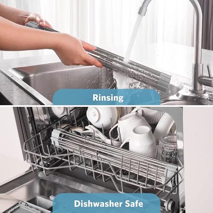 EMIERAI Upgraded Roll Up Dish Drying Rack(21.5” x 13.1”) Over Sink Dish Drainer Foldable Stainless Steel Trivet for Kitchen Countertop