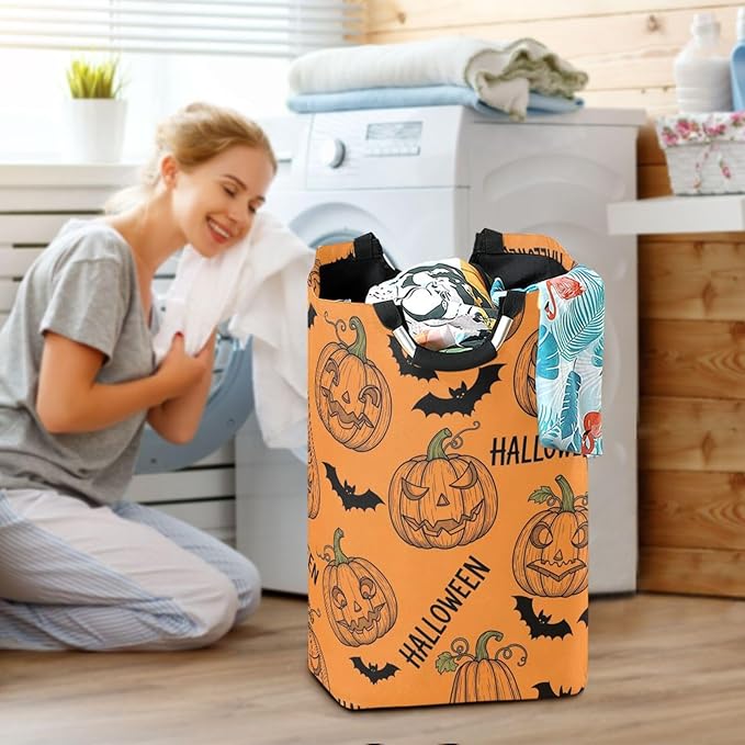 Laundry Hamper Basket Halloween Bats Pumpkin Orange Storage Basket Collapsible Clothes Hamper with Handle Decorative Blanket Basket for Living Room Toys Pillows Clothes