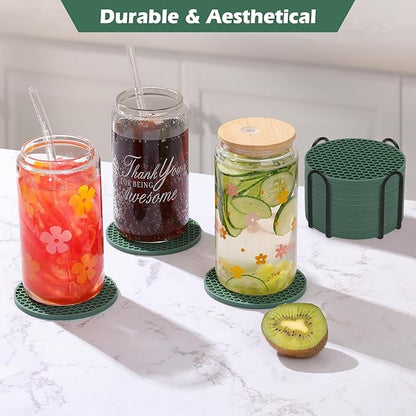 Silicone Coaster Set of 12 with Holder, Drinks Coasters, Beer & Coffee, Suitable for All Cups, Hot or Cold, Anti-Slip, Non-Stick, Anti-Overflow Tabletop Protection and Decor (12 Pcs, Green)