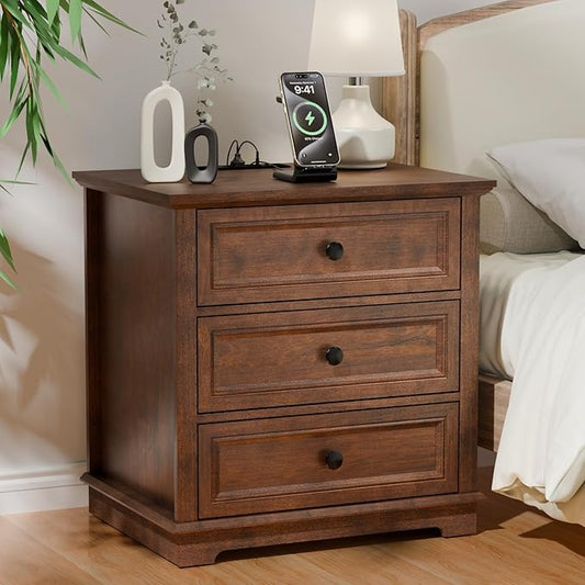 Nightstand with Charging Station Set, 24” Wide End Table with 3 Drawers Set of 2, Modern Bedside Table with Storage, Wood Small Dresser for Bedroom Room (Cherry)