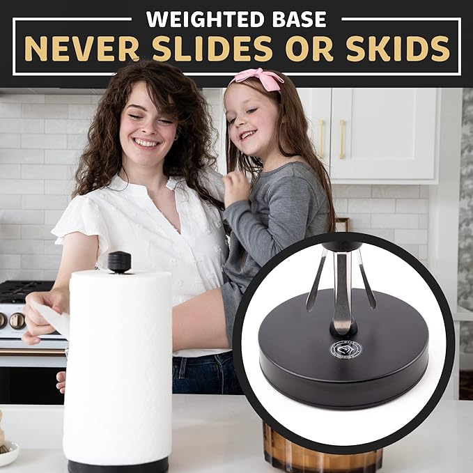 Dear Household Stainless Steel Paper Towel Holder Easy One-Handed Operation - This Sturdy Weighted Paper Towel Dispenser Countertop Model Has Suction Cups and Holds All Paper Towel Rolls - Black