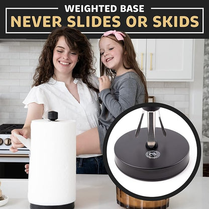 Dear Household Stainless Steel Paper Towel Holder Easy One-Handed Operation - This Sturdy Weighted Paper Towel Dispenser Countertop Model Has Suction Cups and Holds All Paper Towel Rolls - Black
