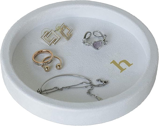 COLLECTIVE HOME - Velvet Jewelry Tray, 6" Monogrammed Jewelry Dish, Smooth Velour Display Dish for Rings, Earrings, Necklaces, Makeup, Personalized Gifts for Women (White-n)