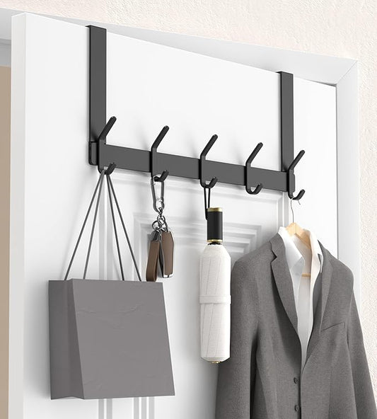 KitchLife Over The Door Hooks Hanger with 7 inches Extended Arms, Fit for 1-3/4" Doors, J18U, Thickened Bathroom Towel Rack Organization, 1 Pack Double-Hook, Matte Black
