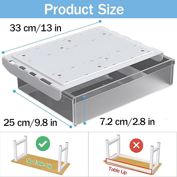 Large Under Desk Table Drawer Storage Organizer A4, Hidden Self-Adhesive Under Desk Pencil Tray Drawer for Office (Clear Black/L)