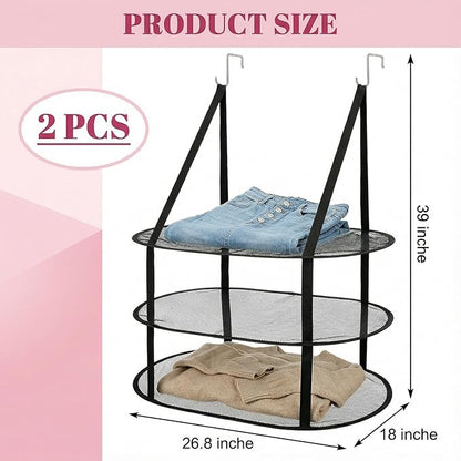 2Pcs 3 Tier Drying Rack, Foldable Hanging Over The Door Drying Rack Clothing, Clothing Racks for Hanging Clothes, Laundry Room Organization, Portable for Laundry Room, Dorms (Black)