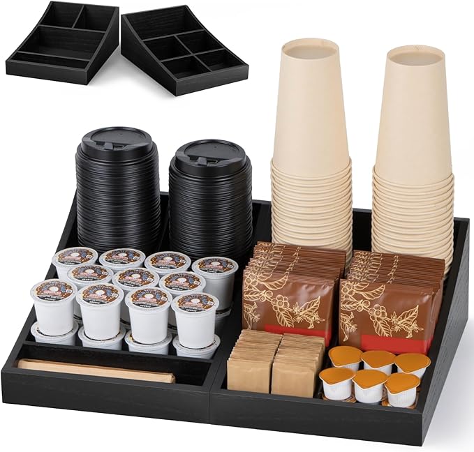 Coffee Station Organizer for Countertop, Condiment Service Organizer, Coffee Bar Supplies Caddy for Home, Office and Breakroom - Wooden, Black, 9 Compartment, Two-in-One