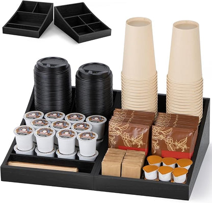 Coffee Station Organizer for Countertop, Condiment Service Organizer, Coffee Bar Supplies Caddy for Home, Office and Breakroom - Wooden, Black, 9 Compartment, Two-in-One