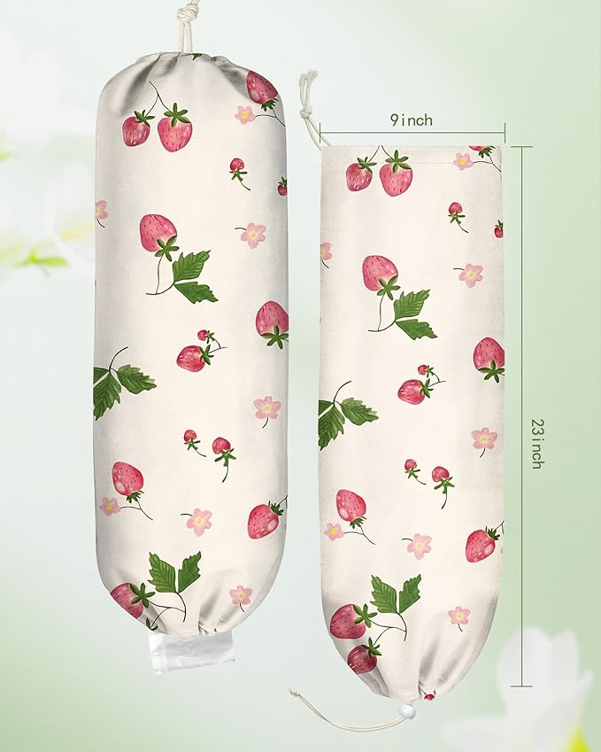 Plastic Bag Holder Organizer - 1 Pack Reusable Canvas Grocery Bags Holder Hanging Wall Cute Aesthetic Shopping Bag Storage Dispenser with Drawstring Closure for Kitchen Home, Strawberry
