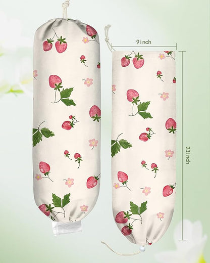 Plastic Bag Holder Organizer - 1 Pack Reusable Canvas Grocery Bags Holder Hanging Wall Cute Aesthetic Shopping Bag Storage Dispenser with Drawstring Closure for Kitchen Home, Strawberry