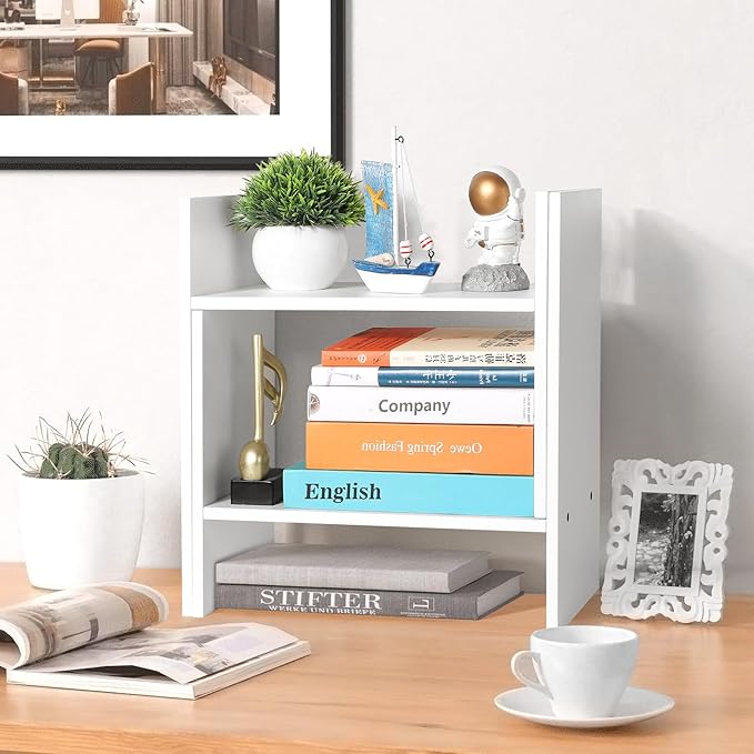 Desktop Shelf Organizer - Adjustable Wood Desktop Bookshelf, Table Top Shelves, Desk Book Organizer for Office Supplies and Home Décor (White)