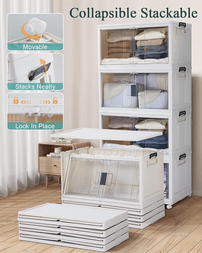 OlarHike 97QT Stackable Storage Bins with Lids - Folding Storage Box with Doors and Wheels, Collapsible Plastic Storage Drawers for Closets, 5 Pack Cubes