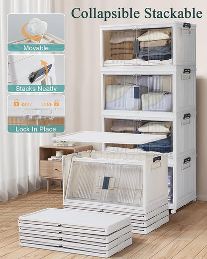 OlarHike 97QT Stackable Storage Bins with Lids - Folding Storage Box with Doors and Wheels, Collapsible Plastic Storage Drawers for Closets and Organization, Garage, 4 Pack Cubes