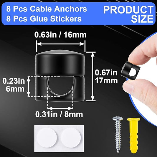 8 Sets Charger Holders for Cords, Matte Black Color Adjustable Cable Anchor Holders, Adhesive Metal Cord Clips, Cable Management Wire Organizers for Desk, Office, Nightstand