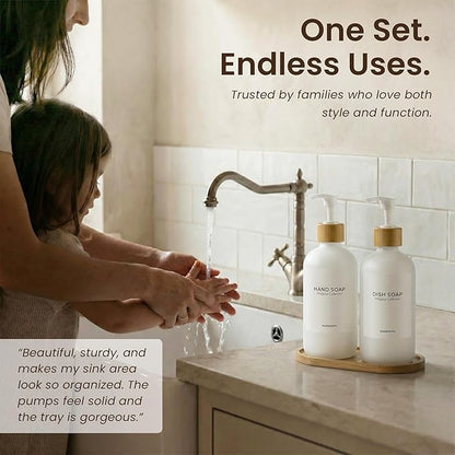 MaisoNovo Glass Soap Dispenser Bathroom Set | Hand Soap and Dish Soap Dispenser Set | 16.9oz White Bottles with White Bamboo Pump | Bathroom Lotion Dispenser with Pump Set of 2