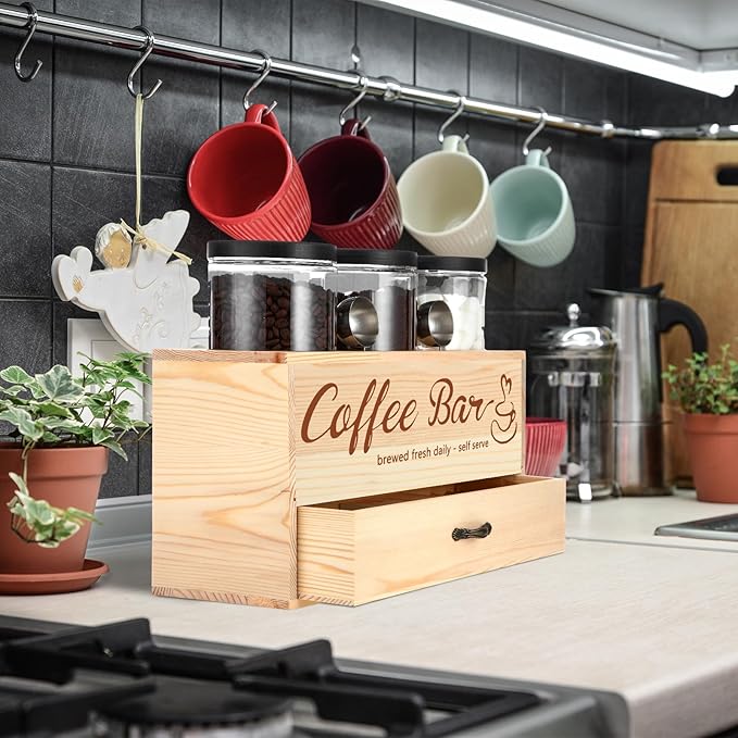 3 Pcs Coffee Canister Set with Shelf and Spoon Plastic Coffee Bean Storage Container with Lids Coffee Storage Box with Drawer Food Storage Jars for Coffee Bar Kitchen (Wood Color)