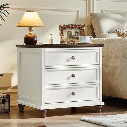 Joaxswe Farmhouse Nightstand with Charging Station, 24" Wide End Table with 3 Drawers,White Wood Dresser for Bedroom, Bed Side Table Chest of Drawers Cabinet,Night Stand for Living Room, Closet