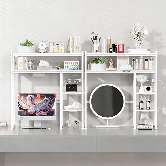 Aetheris Desktop Organizer Shelf, 30" Wooden Office Storage Rack with Outlets, Display Shelf Rack with Light Strip, 5 Tier Desktop Display Rac, Desk Shelf, Desk Hutch for Computer Monitor (White)