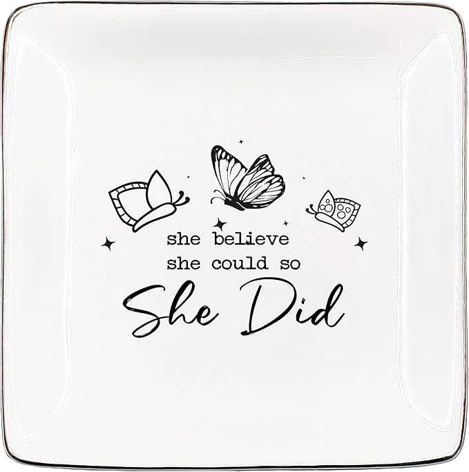 JRTW College Graduation Gifts Jewelry Tray, Inspirational Congratulations Gifts Ceramic Jewelry Dish Tray for Rings & Earring for Women, She Believed She Could So Did Ring Trinket Dish for Women