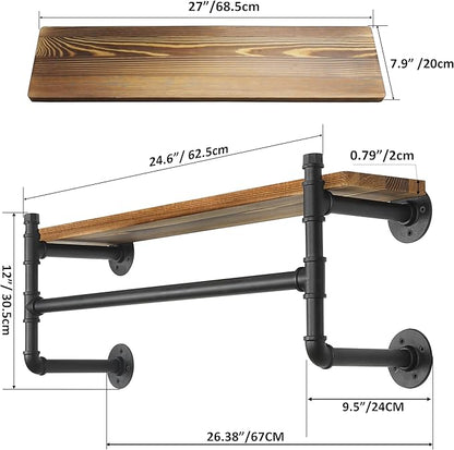 WEBI Wall Mounted Clothes Rack with Shelf,27" Industrial Pipe Clothing Rack with Shelf with Hanging Rod,Heavy Duty Iron Garment Rack Bar,Retail Display Clothes Rod for Laundry Room,Closet,Black