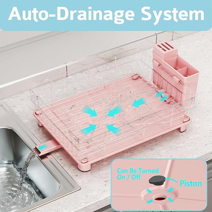 Ricobes Dish Drying Rack - Space Saving Dish Rack - Dish Racks for Kitchen Counter with Drainboard,Rustproof Dish Drainer with Removable Utensil Holder,Pink