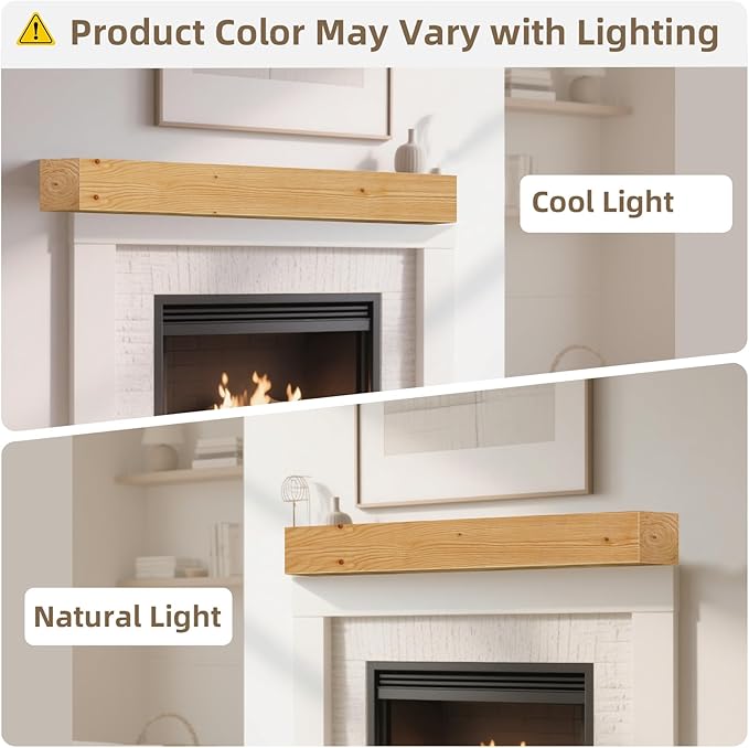 ROOMTEC Fireplace Mantel,48" Wood Floating Fireplace Shelves,Wall Mounted Wooden Display Shelving,Handcrafted Wood Brack,Natural Mantels Over Fireplace | 48" x 8" x 5"-Natural Wood