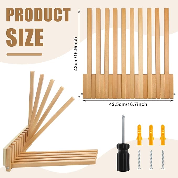 Beech Wood Wall Mounted Drying Rack for Laundry Room with 10 Mount Folding Coat Hooks Racks Drying Hanger for Clothes Bathroom Hat Towels Robes Rack Saving Space