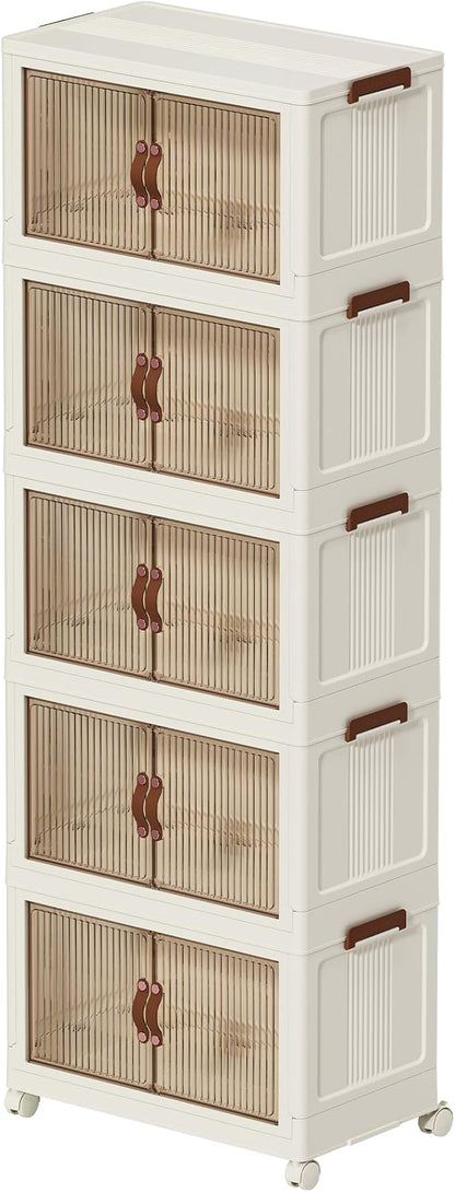 656 QT Large Plastic Storage Bins with Drawer, Stackable Storage Container with Wheel, Collapsible Folding Storage Cabinet Toys, Foldable Closet Organizer for Clothes, Home, Room, White, 5 Tiers