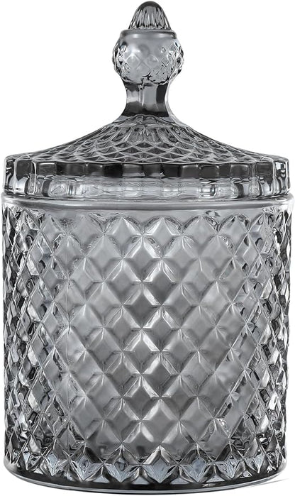 rejomiik Qtip Holder Glass Apothecary Jars with Lid for Bathroom Canisters Dispenser Decor, Storage Organizer for Cotton Swabs, Balls, Pads, Floss Picks, Candy, Grey
