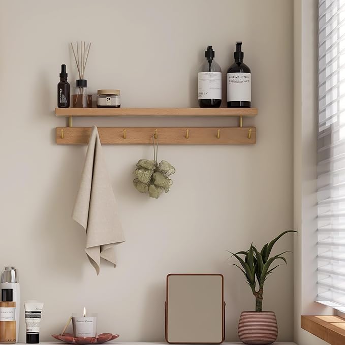 Solid Wood Wall Hooks with Shelf, Coat Rack Wall Mount, Entryway Hanging Shelf with 7 Brass Hooks for Hats, Clothes, Towels, Bags, Beech Wood, Natural