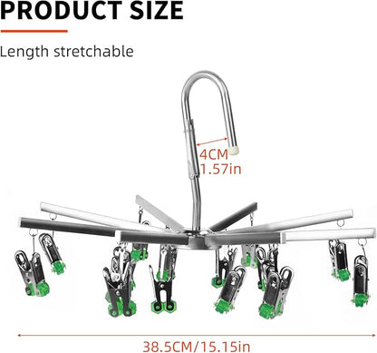 Drying Hanger, Hanging Drying Rack, Drip Hanger Stainless Steel with 16 Pegs for Laundry Underwear Socks, Quickly Remove Clothes from Hanger, Windproof, Folding Portable, (Green)