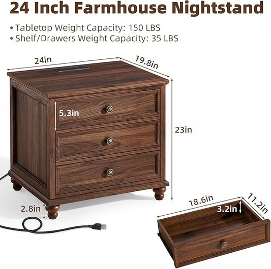 Joaxswe Farmhouse Nightstand Set of 2 with Charging Station, 24" Wide End Table with 3 Drawers,Dresser for Bedroom,Bed Side Table Chest of Drawers Cabinet,Wood Brown Night Stand for Living Room