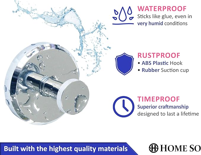 HOME SO Suction Cup Hooks for Shower, Bathroom, Kitchen, Glass Door, Mirror, Tile – Loofah, Towel, Coat, Bath Robe Hook Holder for Hanging up to 15 lbs – Waterproof & Rustproof, Chrome (4-Pack)