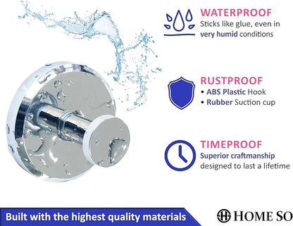 HOME SO Suction Cup Hooks for Shower, Bathroom, Kitchen, Glass Door, Mirror, Tile – Loofah, Towel, Coat, Bath Robe Hook Holder for Hanging up to 15 lbs – Waterproof & Rustproof, Chrome (4-Pack)