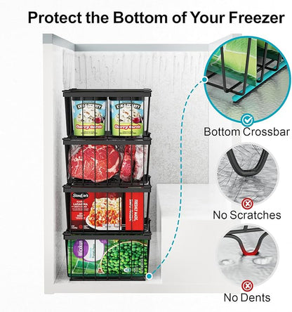 iSPECLE Freezer Organizer Bins - 4 Pack Stackable Deep Freezer Organizer Bins for 5 Cu.Ft Chest Freezer Easy Get Food from Bottom without Digging, Add Space Sort Store More Frozen Food, Black