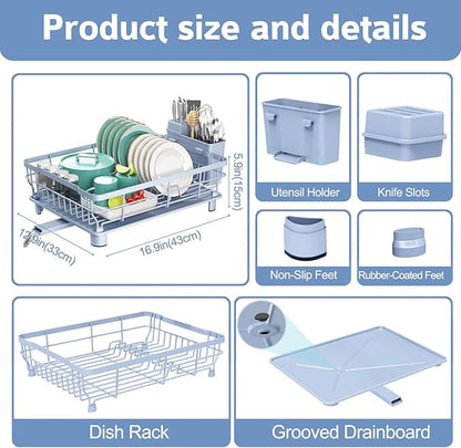 Ricobes Dish Drying Rack - Space Saving Dish Rack - Dish Racks for Kitchen Counter with Drainboard,Rustproof Dish Drainer with Removable Utensil Holder,Blue