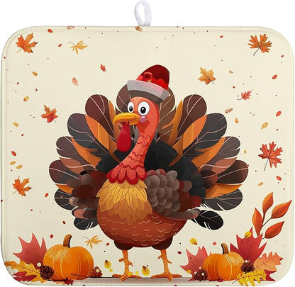 Wnoesat Thankgiving Dish Drying Mat for Kitchen Counter 16x18 Inch Fall Orange Turkey Maple Leaf Pumpkin Absorbent Microfiber Dish Rack Mat Autumn Thankgiving Dish Drying Pad for Coffee Bar Sink
