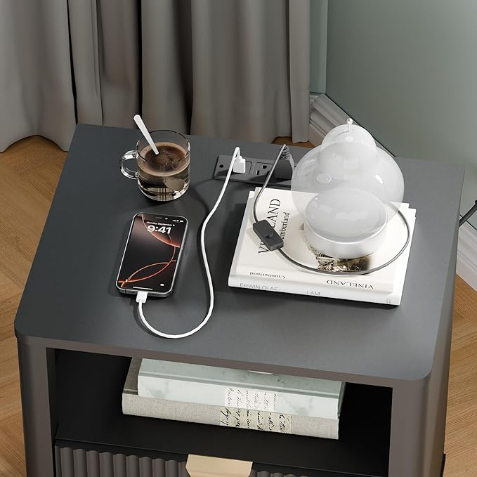 BONITURE Fluted Night Stand Set of 2, Curved Nightstands with Charging Station Lighting, Wood End Table with 2 Drawers, Modern Side Table Storage Cabinet for Bedroom Office,(2, Black)