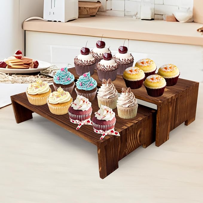 4Pcs Large Display Riser Wood Risers Cupcake Display Stand 2 Tier Racks Rectangular, 2 Set Perfume Decorative Display Dessert Stands for Vendors Event (Large/2Pack Brown)