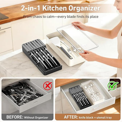 MAD SHARK 2-in-1 Detachable Knife Block & Silverware Organizer, Drawer Knife Holder for 7 Knives, BPA-Free, Blade-Safe Slots, Save Counter Space, Kitchen Drawer or Counter Storage, No Knives