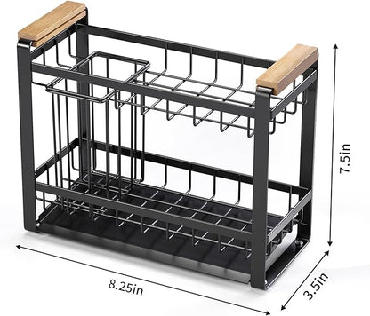 Sink Caddy Organizer with Wooden Handle, 2-Tier Rustproof Metal Sink Organizer Non-Slip Suction Cups, Multi-Functional Storage for Sponge, Soap Dispenser, Kitchen and Bathroom Countertop Accessories