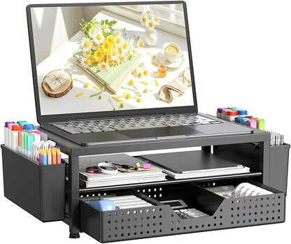 OPNICE Laptop Stand Desk Organizer, 2-Tier Metal Monitor Stand Riser with Drawer & 2 Pen Holders, Ventilated Perforated Steel Top, Office Desk Accessories for Home Office, Black