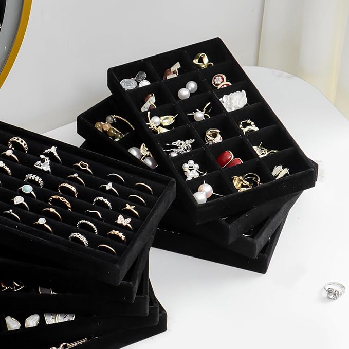 SPAKOWN Jewelry Organizer for Drawer, Adjustable Velvet Jewelry Tray, Stackable Necklace Organizer Earring Holder Organizer Ring Tray Jewelry Storage Display Drawer Inserts Set of 9 (Black)