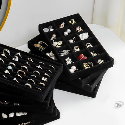SPAKOWN Jewelry Organizer for Drawer, Adjustable Velvet Jewelry Tray, Stackable Necklace Organizer Earring Holder Organizer Ring Tray Jewelry Storage Display Drawer Inserts Set of 9 (Black)