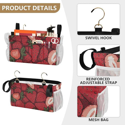 CuwrYet Bedside Caddy Hanging Bunk Bed Caddy Bed Organizer Hanging Pocket with 2 Hooks Bedside Storage Organizer Pocket Bag Holder Cartoon Red Strawberry