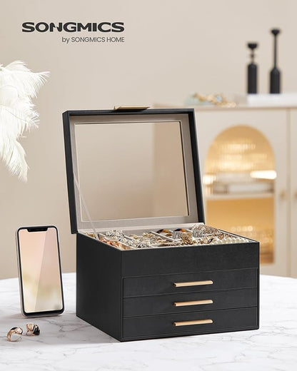 SONGMICS Jewelry Box Organizer with Glass Lid, 4-Layer Jewelry Storage, with 3 Drawers, Modern Style, 8 x 9.1 x 6.5 Inches, Graphite Black and Gold Color UJBC173B01
