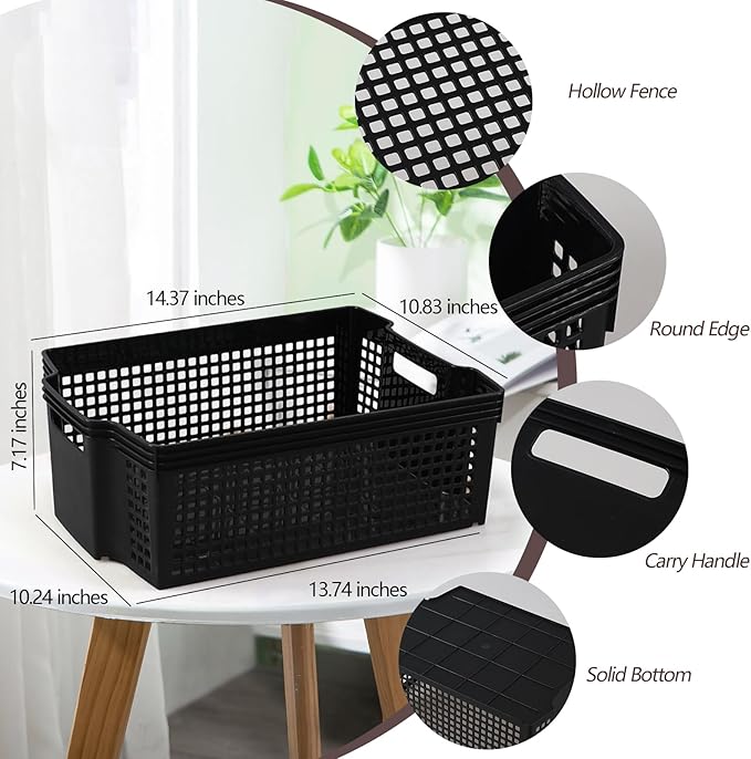6-Pack Black Plastic Storage Baskets, Large Stackable Organizer Basket