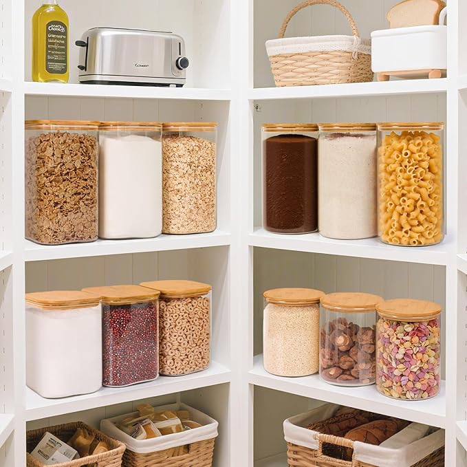 ComSaf 3.6 Qt Glass Food Storage Containers Set of 2, Large Storage Containers with Lids, Square Glass Jars with Lids, for Flour and Sugar, Cereal, Rice, Pasta, Oats, Coffee Beans