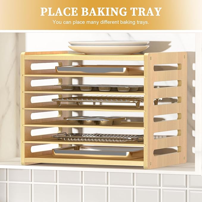 sandpaint 7 Tier Large Size Wooden Tray Dividers for Cabinet, Kitchen Cabinet Tray Divider for Pans, Storing pans, Baking trays, Cutting Board